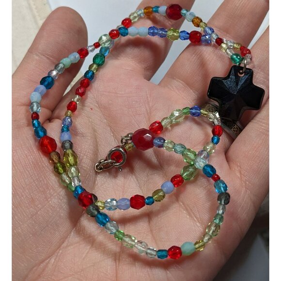 Handmade Rainbow Glass Beaded Cross Necklace - Picture 3 of 5